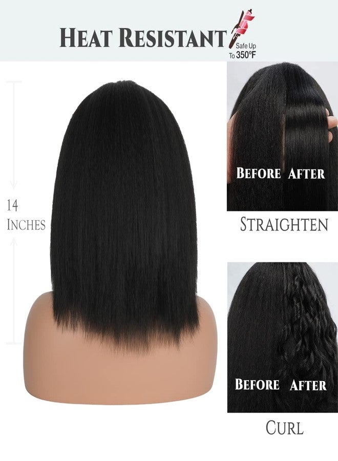Aminow باروكة رأس Aminow Kinky Straight Headband، ناعمة وطبيعية كالشعر البشري، باروكات رأس بدون غراء للنساء ذوات البشرة السمراء، باروكة نصف صناعية طويلة سوداء إيطالية ياكي (1B أسود طبيعي، 14 بوصة) - Image 3
